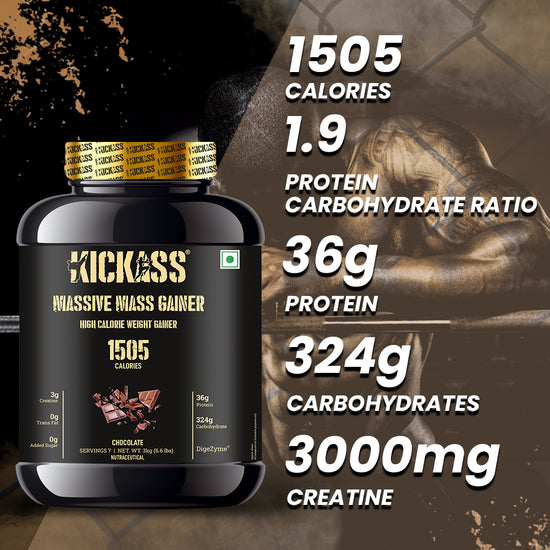 Kickass Massiver Mass Gainer Chocolate - 3 kg, High Calorie Weight Gai –  Kickass Fitness Store